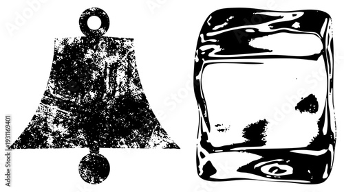 Classic bell with loop handle and clapper, textured black and white vector, alongside stylized ice cube with melting drips, halftone grit effect, isolated graphic elements.