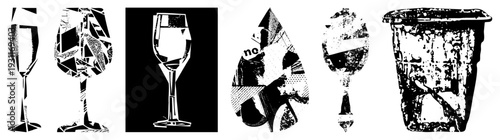 Stylized fragmented glassware with halftone and geometric textures, cocktail and wine glass art, vector cutout design, isolated beverage containers, artistic drinkware.