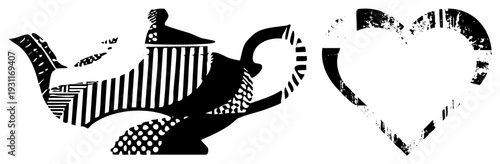 Classic genie lamp with intricate geometric, stylized heart shape, vintage graphic design, black and white vector art, decorative motifs.