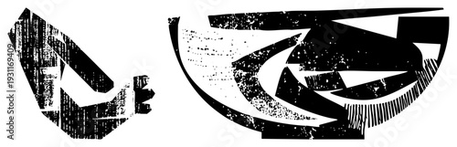 Bold abstract shapes with distressed textures, stylized graphic elements, modern art composition, design, vector illustration.