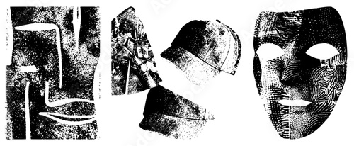 Stylized masks and caps rendered in halftone, graphic art, vector silhouette, textures, abstract facial forms, urban fashion, symbolic headwear.