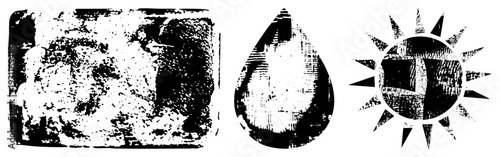 Stylized grunge vector symbols including brick wall, water drop, and sunburst, rendered with distressed texture, ideal for retro or urban design projects.