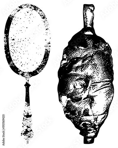 Historical artifact mirror with ornate handle and ceremonial mask, hieroglyphic style, black and white halftone texture, ancient Egyptian relics, museum display.