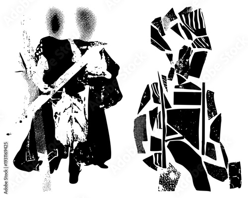 Stylized warrior silhouettes rendered in halftone and fragmented geometric shapes, bold graphic design, black and white vector illustration, isolated combatants.
