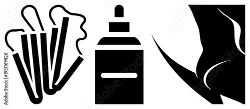 Minimalist black vector including drinking straws, aerosol can, and flowing abstract shape, ideal for UI, branding, or graphic design projects.