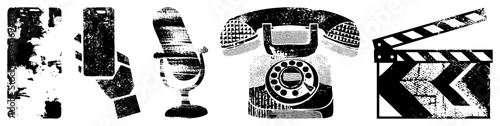 Retro microphone, rotary phone, clapperboard, and phone handset rendered in halftone texture, vector graphic, classic tools.