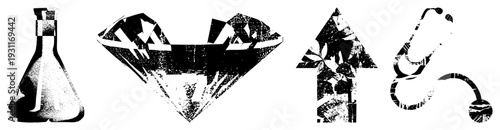 Set of four vector lab flask, diamond, upward arrow, stethoscope, stylized with halftone texture, medical and scientific symbols, isolated on transparent background.