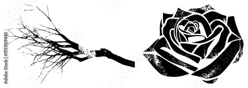 Artistic hand gesture morphing branch into blooming rose, symbolic transformation, black silhouette, graphic vector design, stylized nature art.