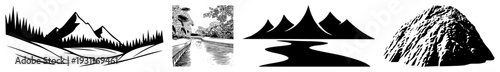 Stylized mountain range with pine trees, winding river, serene wilderness scene, nature illustration, vector art, black and white graphic.