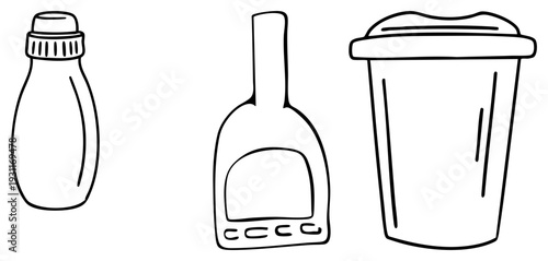 drawings of bottle, shaker, and lid equipped cup, minimalist design, hand drawn vector, drink packaging concepts.
