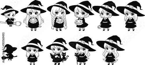 Witch character silhouette, halloween vector illustration, magical costume design, spooky holiday art, pumpkin cat broom graphic, mystical icon, festive symbol