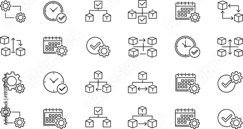 Workflow and project management icon set, business process automation line art vector, scheduling calendar and logistics symbols, isolated on white, gears.