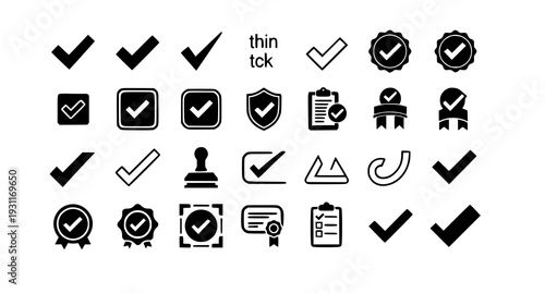 A set of black and white checkmark icons and symbols for approval and verification