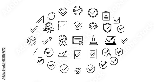 A collection of checkmark icons and symbols in a circular pattern