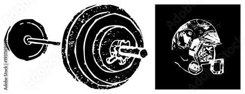 Athletic equipment, barbell with weight plates, football helmet with faceguard, graphic design elements, sports vector art, black and white stencil style.