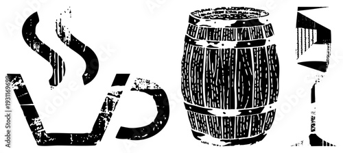 Stylized black ink of wine glass, whiskey barrel, and mug, rustic halftone texture, vintage graphic design, beverage symbols.