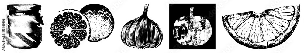 Obraz premium Black and white halftone illustrations of preserved jar, citrus fruit, garlic, and citrus wedge, vector art, food, graphic design elements.