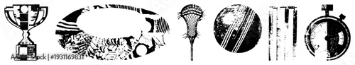 Black and white vector of sports gear trophy, stick, cricket ball, stopwatch, stadium seats. Graphic design elements for athletic themes, team awards, and competitive events.