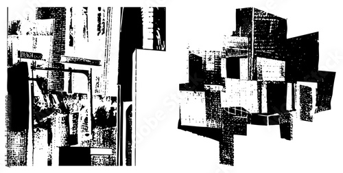Stylized black and white block structures, abstract architectural forms, fragmented cubist geometry, digital halftone texture, graphic art piece.