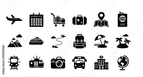 A set of black travel icons on a white background