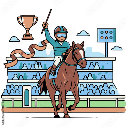 競馬の勝利シーン　優勝トロフィーとジョッキーのアイコンイラスト