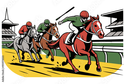 競馬レースの疾走シーン　騎手と馬のスピード感あるイラスト