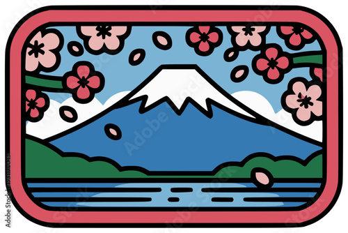 桜と富士山の和風アイコン　日本の春の風景バッジイラスト