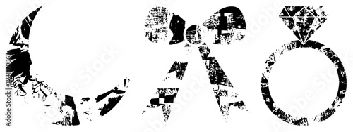 Distressed black vector of wedding motifs, textured moon, ribbon bow, diamond engagement ring, vintage graphic design, symbolic romance elements.