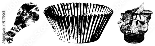 Stylized halftone vector graphics of fried chicken leg, fluted cupcake, and crinkled potato chips, rendered in bold with gritty texture.