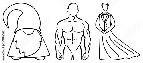 Minimalist art of gnome, muscular torso, wedding couple in tuxedo/gown. No shading or. Ideal for books or graphic assets.