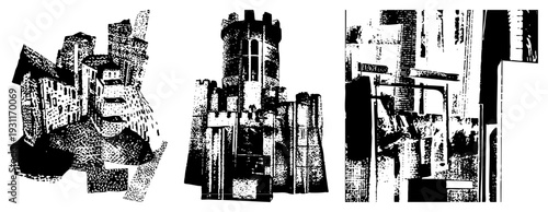 Stylized cityscape fragments rendered in halftone dot, architectural ruins and towers, graphic urban decay, vector art composition, cityscape.
