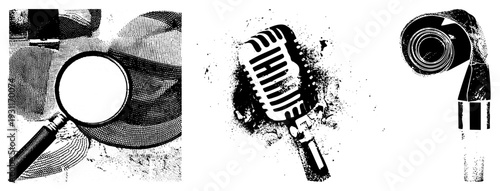 Classic magnifying glass inspecting texture, retro microphone with grille, coiled earphone halftone vector for design, UI, or illustration projects.