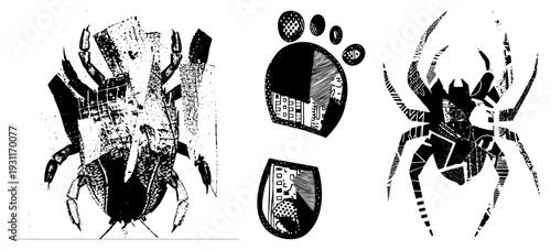 Stylized black and white vector spiders and crabs, halftone, urban decay motifs, graphic design elements, isolated cutout art.