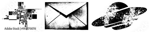 Digital electronics chip, vintage mail envelope, flying saucer, all rendered in gritty halftone style. Tech, communication, sci fi symbols with distressed texture.