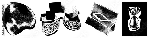 Stylized vector graphics with halftone shading, abstract shapes, and isolated cutouts includes irregular blob, Celtic boots, isometric box, and hourglass silhouette.