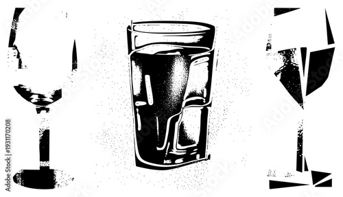 Graphic depiction of wine glass, tumbler with ice, and cocktail glass, rendered in bold black and white halftone texture, ideal for print or digital design.