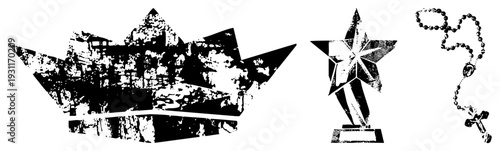 Distressed black and white crown, star award, rosary beads with, vector graphic with halftone texture, isolated symbols for design use.