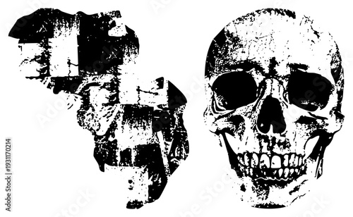 Distressed skull illustrations with rough textures, fragmented shapes, and high contrast black and white vector art, ideal for edgy design or horror themes.