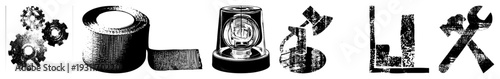 Mechanical gears, adhesive tape roll, lighthouse beacon, sledgehammer, measuring square, wrench tools, industrial symbols, halftone texture.