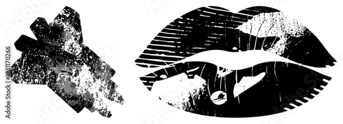 Graphic design featuring stylized lips with halftone texture and fragmented geometric shape, both rendered in black and white vector art, isolated elements with gritty texture.