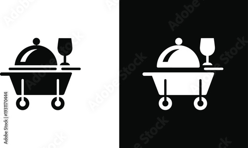 Room service trolley with covered dish and wine glass icon, hotel catering cart black and white vector
