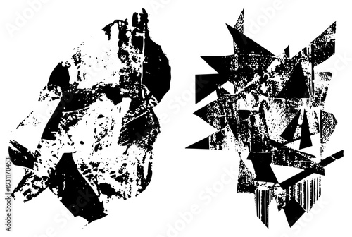Bold black and white vector art with shattered geometric, halftone grain, and fragmented silhouettes, ideal for modern graphic design, glitch art, or layouts.