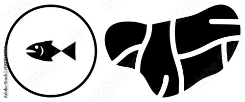 Stylized fish graphic, circular, abstract fish silhouette, flat vector art, aquatic symbol, modern design, seafood emblem.