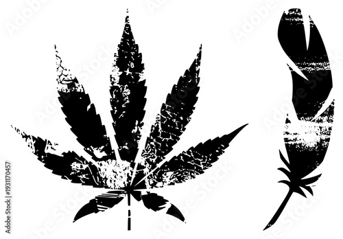 Distressed black leaf and feather cutouts, stencil style vector art, graphic design elements, isolated with worn texture, urban or alternative aesthetic.