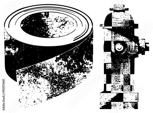 Rustic tin can with textured surface, fire hydrant with checkered, vector illustration, urban infrastructure, black and white design.