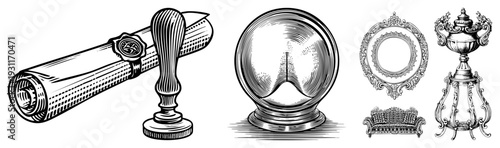 Ornate antique scroll with seal, convex mirror with concentric, rococo frame, couch, classical urn on stand, engraved vector art.