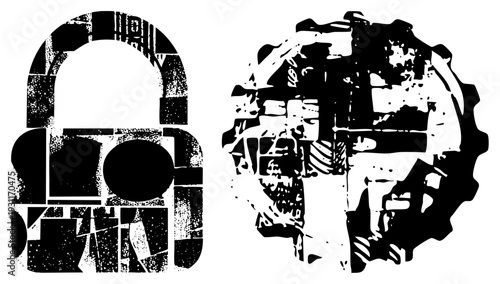 Graphic symbols of security and mechanics, stylized lock and cogwheel, vector illustration, black and white, gritty texture, digital art.