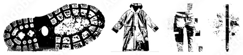 Black and white vector of footwear tread, rain gear, denim pants, and umbrella isolated urban essentials. Tread, coat silhouette, garment cutout, weather gear.