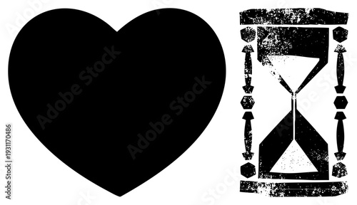 Solid heart shape and distressed hourglass, graphic design elements, vector, time and love symbols, flat silhouette art.