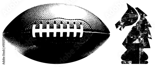 Football with laces and textured halftone shading, stylized horse cutout with geometric, vector art, sports and equestrian symbols.